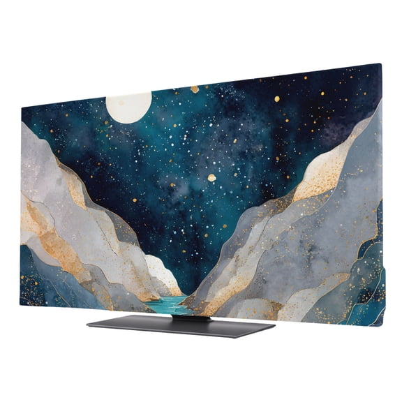 Teal Blue Geometric TV Cover for 24 Inch Screen,Stretch Fabric Dustproof TV Display Protector,Abstract Sky Stars Moon Mountains Elastic Slipcover Monitor Cover for Indoor Desktop Computer 20.9"x11.8"
