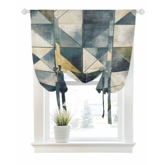 Teal Blue Geometric Tie Up Curtains for Window, Thermal Insulated Balloon Shade Adjustable Rod Pocket Curtains Valance Panels for Kitchen Bathroom Cafe 42 x 54 Modern Abstract Art Green