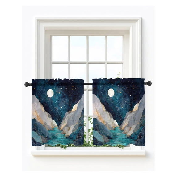 Teal Blue Geometric Tier Curtains 24 Inch Length,Sheer Curtains for Bedroom Living Room Window Abstract Sky Stars Moon Mountains Short Kitchen Curtains Drapes for Small Half Window 27.5"x24" 2 Panels