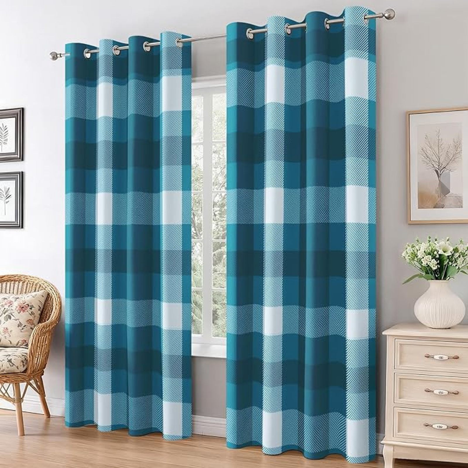 Teal Blue Gingham Blackout Curtains for Bedroom, Thermal Farmhouse