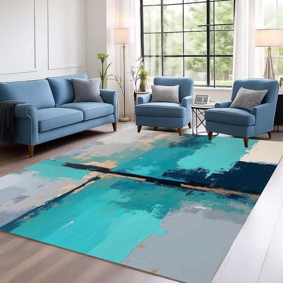 Teal Blue Gold Area Rugs, Contemporary Abstract Aesthetic Design Carpet, Washable Non Slip Low Pile Rug for Living Room Bedroom Kitchen Decor Mat 2x3ft