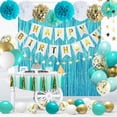 thumbnail image 1 of Teal Blue and Gold Birthday Party Decorations with Happy Birthday Banner,Foil Fringe Curtain,Tissue PomPoms,Star String Garland for Women Girls Party Decorations, 1 of 7