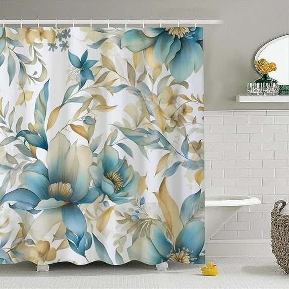 Teal Blue Gold Floral Shower Curtain For Bathroom Yellow Flowers Boho Bathtub Curtain Set Botanical Plants Leaves Bath Home Decor Waterproof Shower Curtains With Hooks 60"W x 72"L