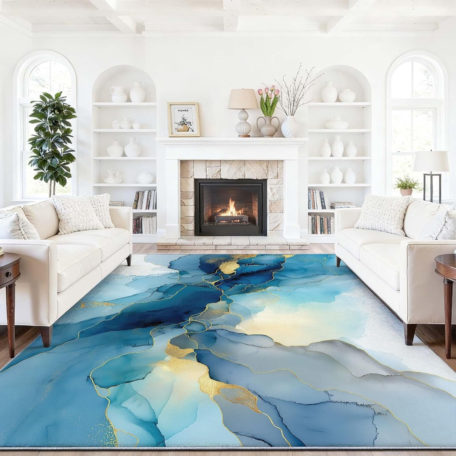 Aethics Rugs Teal Blue Gold Fluid Art Marble Rug Luxury Aesthetics Marble Washable ...