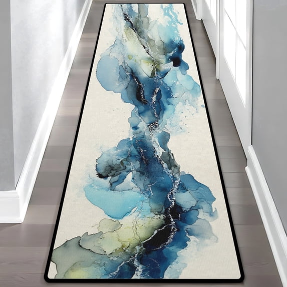 Teal Blue Gold Ink Wash Runner Rug, 60x18 Inches Modern Abstract Watercolor Long Floor Mat, Non-Slip Washable Art Rug for Entryway Kitchen