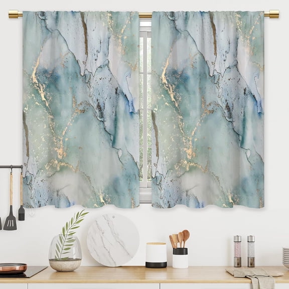 Teal Blue Gold Marble Kitchen Curtains Abstract Green Ink Bathroom Curtains Window Treatment Drapes Tier Gradient Watercolor Cafe Small Bedroom Short French Door Curtains 2 Panels 28x40 Inch
