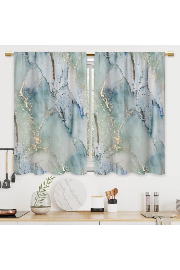 Teal Blue Gold Marble Kitchen Curtains Abstract Green Ink Bathroom Curtains Window Treatment Drapes Tier Gradient Watercolor Cafe Small Bedroom Short French Door Curtains 2 Panels 28x40 Inch