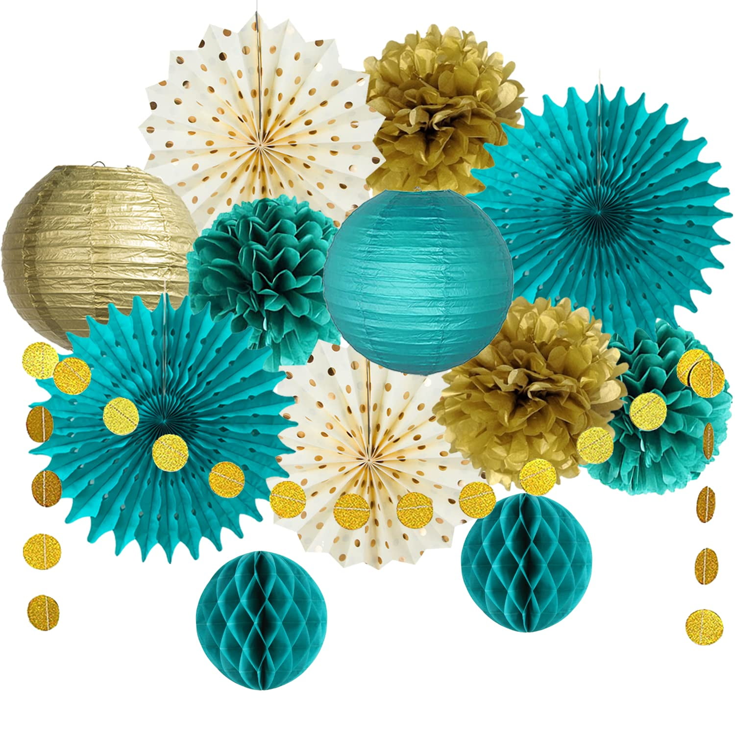 Teal Gold White Tissue Pom Poms And Paper Lanterns - 18 Piece Party Decor Set For Weddings, Showers & Birthdays