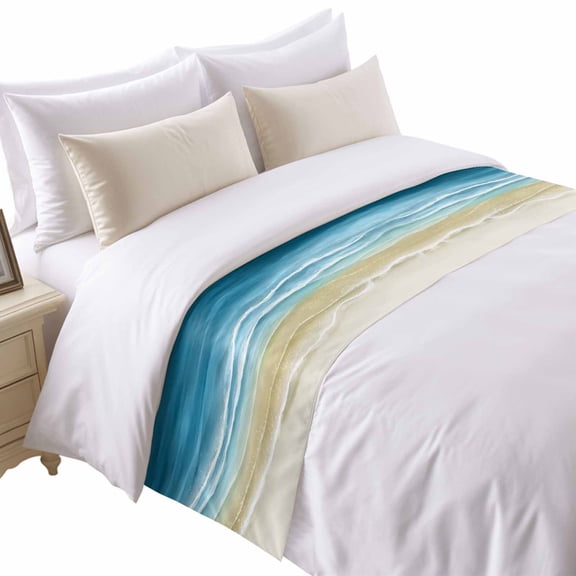 Teal Blue Gradient Beach Bed Runner for Twin Size Bed, Abstracts Seaside Ocean Wave Coastal Soft Bedding Scarf Bedding Protector Slipcover Sofa Throw for Bedroom Hotel Guesthouse