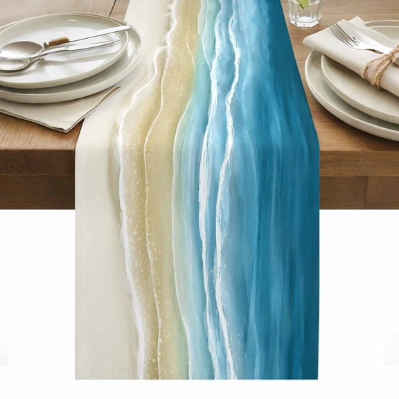 Teal Blue Gradient Beach Cotton Linen Table Runner Abstracts Seaside Ocean Wave Coastal Dining Table Runners for Home Decor Party Dining Room Restaurant Kitchen Party 13" x 36"