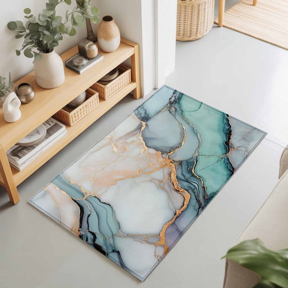 Teal Blue Gradient Marble Rectangle Area Rug 2x3ft,Living Room Rug Non-Slip Washable Circle Rugs Pad,Turquoise Abstract Stripes Art Soft Floor Carpet for Bedroom Dining Room