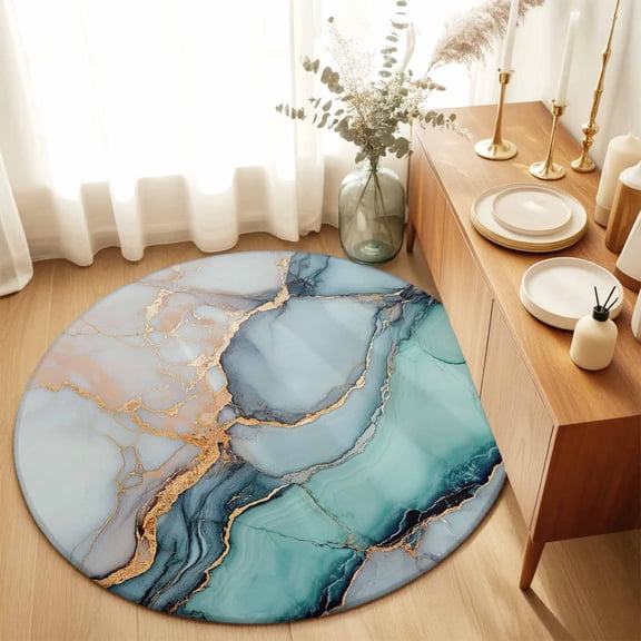 Teal Blue Gradient Marble Round Area Rug 3ft,Living Room Rug Non-Slip Washable Circle Rugs Pad,Turquoise Abstract Stripes Art Soft Floor Carpet for Bedroom Dining Room