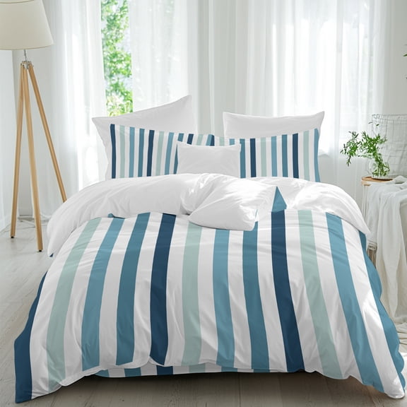 Teal Blue Gradient Stripes Bedding Duvet Cover Set Queen Size 4 Pieces, Minimalist Abstract Vertical Striped Bedding Set with Zipper Closure, 1 Comforter Cover 90x90 in 1 Flat Sheet & 2 Pillow Cases