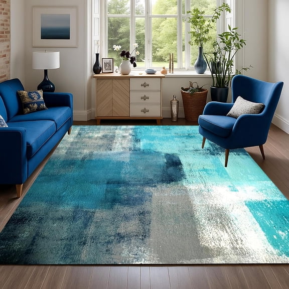 Teal Blue Gray Area Rugs, Contemporary Abstract Art Design Carpet, Washable Non Slip Low Pile Rug for Living Room Bedroom Office Decor Mat 2x3ft