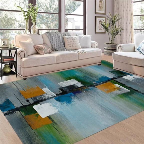 Teal Blue Gray Area Rugs, Modern Abstract Oil Painting Design Carpet, Washable Non Slip Low Pile Rug for Living Room Bedroom Dining Room Decor Mat 2x3ft