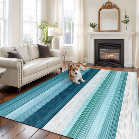 Teal Blue Green Area Rug 5x8 FT, Non Slip Bedroom Throw Carpet, Modern Ombre Minimalism Abstract Stripes Washable Soft Floor Carpet Non-Shedding Rug for Living Room Nursery Dorm Office