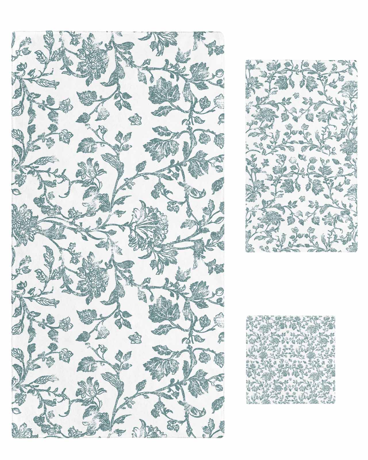 Teal Blue Green Bath Towels for Bathroom Set,Luxury Microfiber Towels Gifts for Women,Quick Dry Beach Kitchen Hand Hair Face Towel and Dish Washcloth,Vintage Farmhouse Boho Flower Leaf Towels+Set