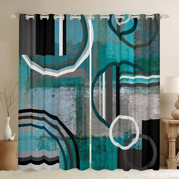 Teal Blue Green Gray Blackout Curtains,Grunge Oil Painting Style Darkening Curtains,Modern Geometric Swirls Curtains,Abstract Circles Square Pattern Window Treatments Living Room Decor 38"X45"