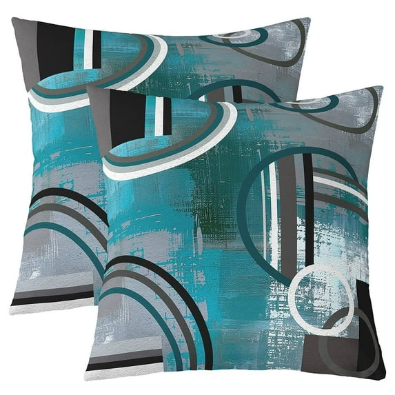 Teal Blue Green Gray Throw Pillow Covers 16x16 Inch Set of 2,Grunge Oil Painting Style Modern Geometric Swirls Pillow Covers,Abstract Circles Pattern Decorative Square Pillow Cases Bedroom Decor
