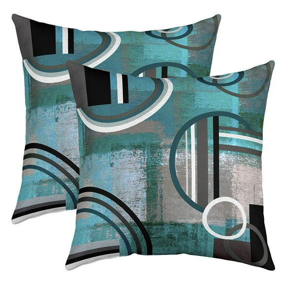 Teal Blue Green Gray Throw Pillow Covers 18x18 Inch Set of 2,Grunge Oil Painting Style Modern Geometric Swirls Pillow Covers,Abstract Circles Pattern Decorative Square Pillow Cases Bedroom Decor