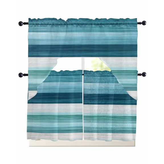 Teal Blue Green Kitchen Curtains Swag Valance and Tier Curtains Set 24 Inch Length, Modern Ombre Minimalism Abstract Stripes Rod Pocket Drape Panels Pair Swag Curtain for Bathroom/Cafe/Window