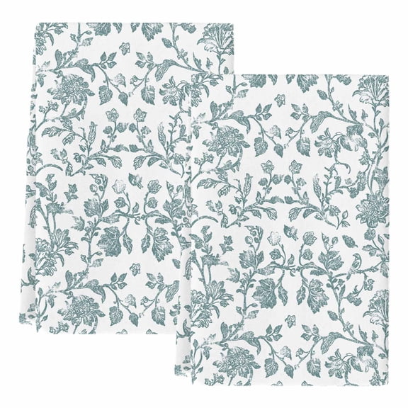 Teal Blue Green Kitchen Towels Set of 2, Vintage Farmhouse Boho Flower Leaf Soft Microfiber Dish Towels, Absorbent Quick-Dry Washable Dishcloths for Kitchen Cleaning, Drying Dishes, 18x28 Inches