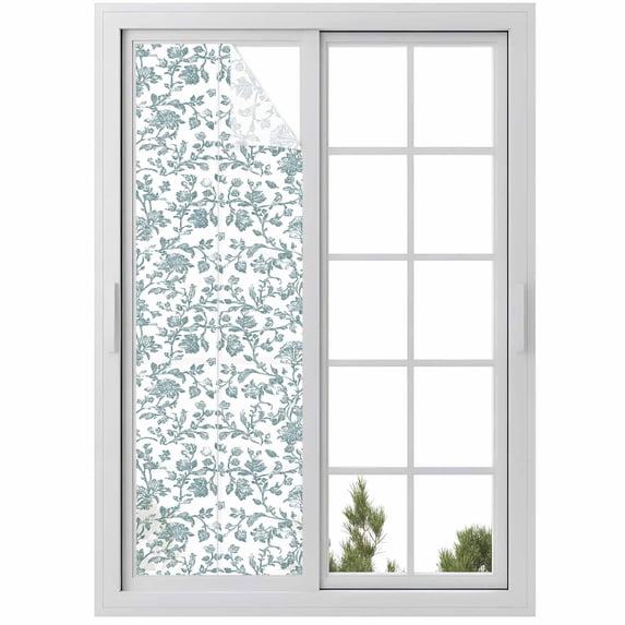 Teal Blue Green Window Privacy Film, Vintage Farmhouse Boho Flower Leaf Static Cling UV Sun Blocking Heat Control Window Tint Day and Night, Non-Adhesive One Way Windows Privacy Cover 17.7''x78.7''