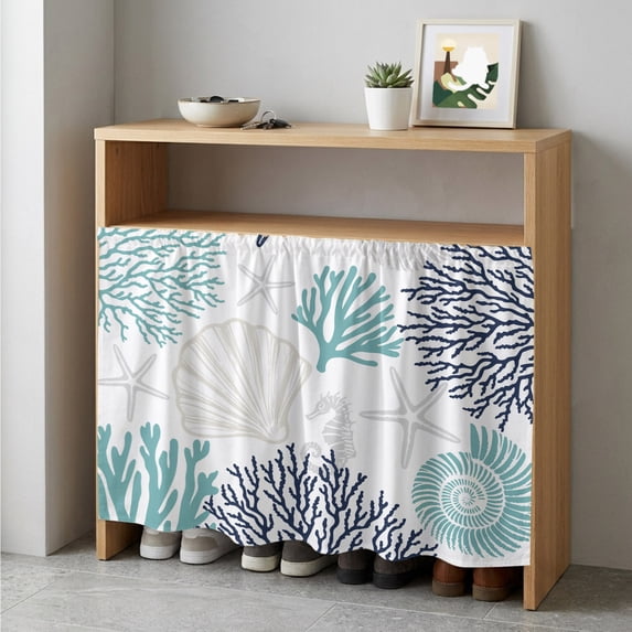 Teal Blue Grey Coastal Cabinet Curtain 35"Wx35"L,Dustproof Under Sink Skirt W/ Self Adhesive Tape,Summer Beach Coral Shell Starfish Cabinet Curtain Cover for Kitchen Sink,Bathroom Vanity,Laundry Room
