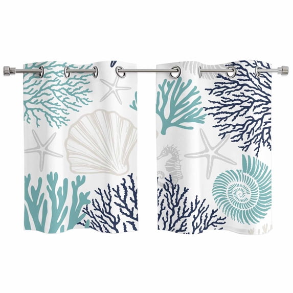 Teal Blue Grey Coastal Kitchen Curtains Small Short 39 Inch Length, Summer Beach Coral Shell Starfish Grommet Bedroom Living Room Curtains, Light Filtering Cafe Curtain Drapes 2 Panels Set 55''x39''
