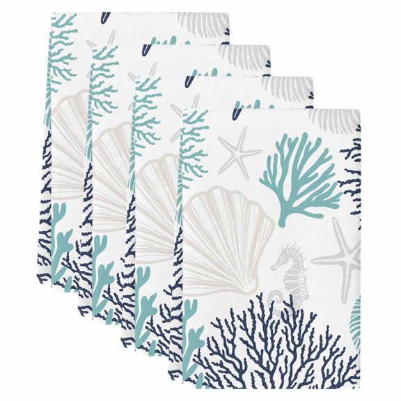 Teal Blue Grey Coastal Kitchen Towels Set of 4, Absorbent Microfiber Dish Tea Towels with Hanging Loop, Summer Beach Coral Shell Starfish Resuable Hand Towel for Home Kitchen Cooking Cleaning 18"x28"