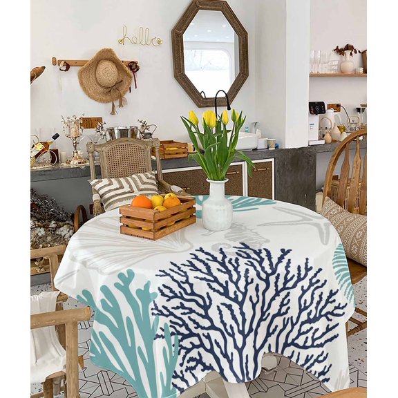 Teal Blue Grey Coastal Tablecloth Square Table Cloth 54x54, Waterproof Tablecloth Outdoor Table Cloth, Summer Beach Coral Shell Starfish Washable Table Cover for Kitchen Dining Party