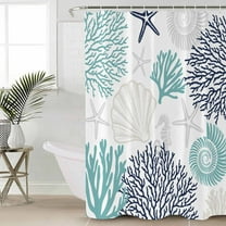 Teal Blue Grey Coastal Waterproof Fabric Shower Curtain, Summer Beach Coral Shell Starfish Shower Curtain for Bathroom Curtains Bathtubs Hotel Washable Shower Curtains with 12 Hooks Small 36x72in