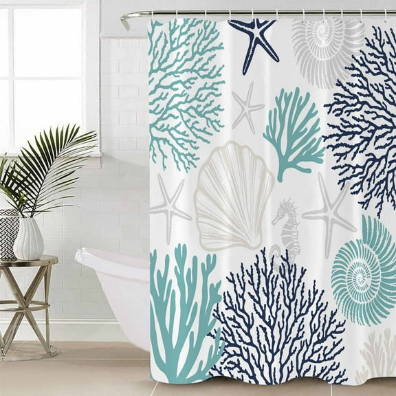 Teal Blue Grey Coastal Waterproof Fabric Shower Curtain, Summer Beach Coral Shell Starfish Shower Curtain for Bathroom Curtains Bathtubs Hotel Washable Shower Curtains with 12 Hooks Small 36x72in