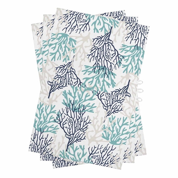 Teal Blue Grey Coral Coastal Kitchen Towels Set of 3, Water Absorbent Dish Towel, Summer Beach Seaside Nautical Decorative Hand Towels - Quick Drying Cloth for Cooking Baking, 18x28 Inch