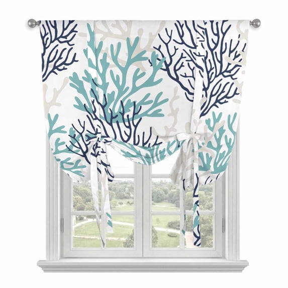 Teal Blue Grey Coral Coastal Tie Up Curtains for Kitchen Windows,Adjustable Rod Pocket Valance 54 Inch Long, Summer Beach Seaside Nautical Window Treatment Balloon Roman Blind Shade, 42" x 54"