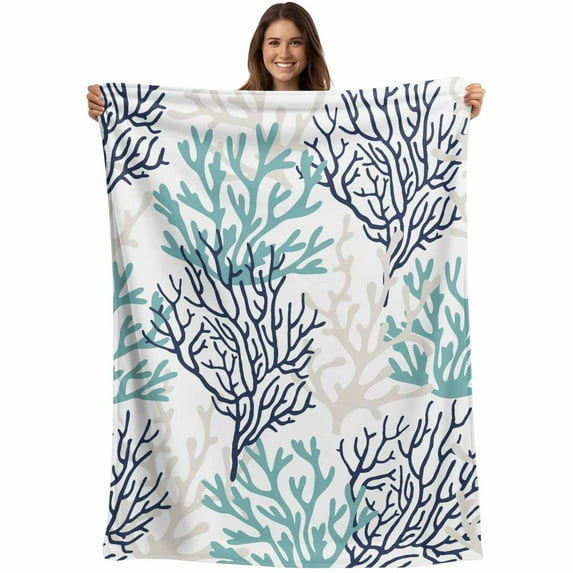 Teal Blue Grey Coral Pattern Throw Blankets, Tropical Ocean Summer Soft Fleece Blanket Decorative for Home Sofa Couch Chair Living Bedroom, 50x60 inches,