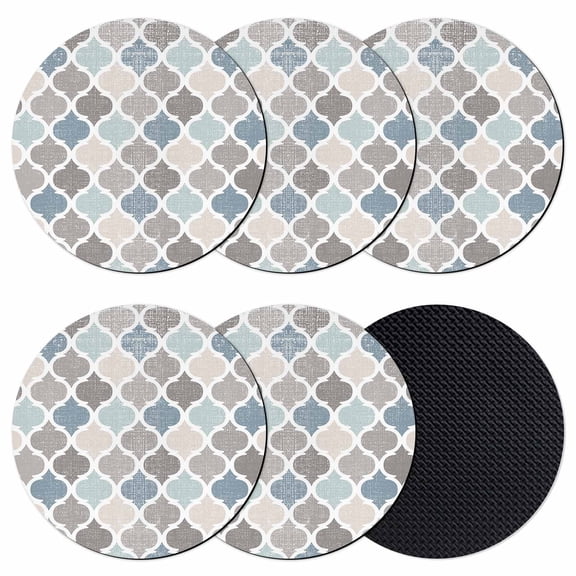 Teal Blue Grey Geometric Coasters Set of 6, Morocco Abstract Art Absorbent Coasters for Drinks, Coaster for Bar Office Dining Coffee Table Accessories Decor, Non Slip Round Desk Coaster