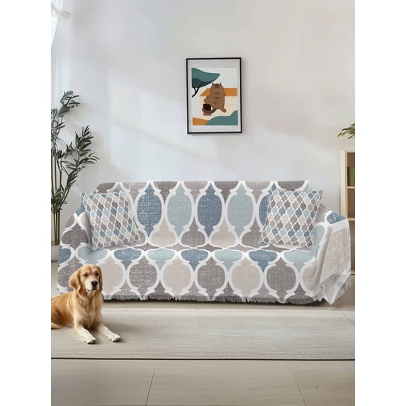 Teal Blue Grey Geometric Couch Cover, Morocco Abstract Art Sofa Cover Blanket for 2 Seat Cushion, Sectional Sofa Slipcover Furniture Protector for Living Room Bedroom 71''x102''