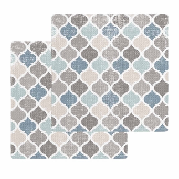 Teal Blue Grey Geometric Dish Towels Set, Waffle Weave Kitchen Towels 2 Pieces, Morocco Abstract Art Microfiber Hair Face Bath Tea Towel Absorbent Quick Drying Cleaning Dish Cloths 12"x12"