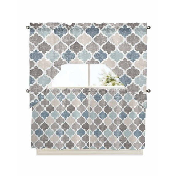 Teal Blue Grey Geometric Kitchen Curtains Swag Valance and Tier Curtains Set 24 Inch Length, Morocco Abstract Art Rod Pocket Drape Panels Pair Swag Curtains for Bathroom/Cafe/Window