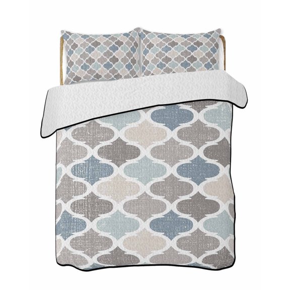 Teal Blue Grey Geometric Summer Quilt Set Full Size, Soft Microfiber Quilted Bedding Set with 2 Pillow Shams, Morocco Abstract Art Lightweight All Season Bedspread Coverlet for Bedroom 78"x90"