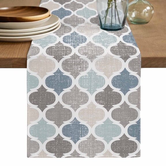 Teal Blue Grey Geometric Table Runner, Morocco Abstract Art Washable Cotton Linen Table Runners 120 Inches Long, Dresser Scarf Runner for Dining/Living Room/Kitchen/Square Tables 13''x120''