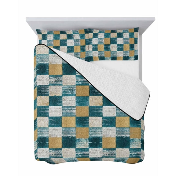 Teal Blue Grids 3 Piece Quilt Set King Size, Abstract Green Beige Checkerboard Brushstroke Texture Soft Bedspread Coverlet Bedding Set Microfiber Comforter Set with 2 Pillowcases for Bedroom