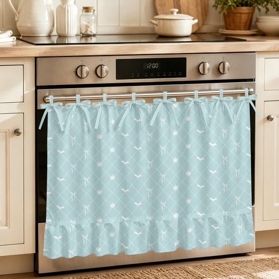 Teal Blue Halloween Oven Skirt for Farmhouse Kitchen Décor, Checkered Bat Bow Oven Curtain Tie Top Decorative Stove Skirt, Cabinet Dish Washer Curtains with 8 Ribbon Ties 30"x21.5"