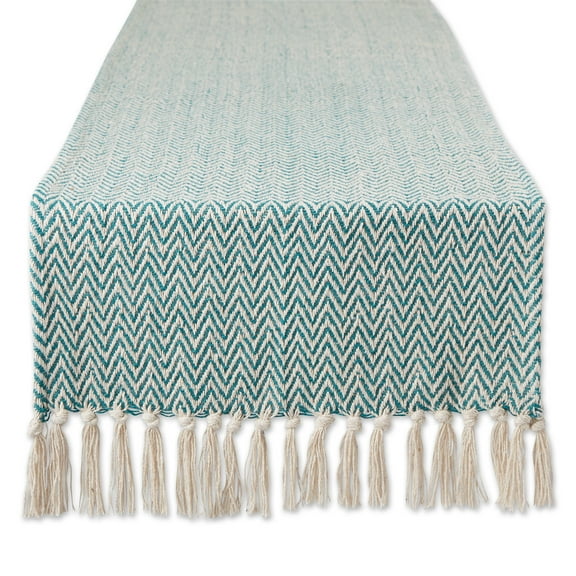 Teal Blue Handloom Chevron Fabric Table Runner 15x108 Plus 2.5 Inch Fringe