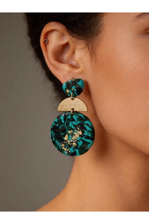 Teal Blue Handmade Clay Dangle Earrings With Gold Foil Accents