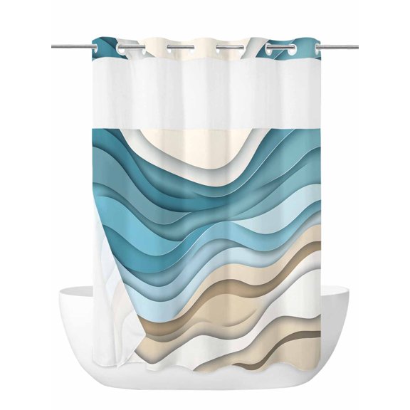 Teal Blue No Hook Shower Curtain and Liner Set Brown Abstract Water Ripple Modern Ombre Geometric Shower Curtains with Snap-in Liner & See Through Top Window Hotel Style for Bathroom Decor 48x72 Inch