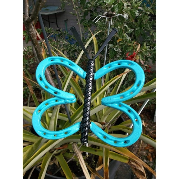 Teal Blue Horseshoe Butterfly Garden Art, garden stake, yard art