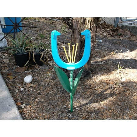 Teal Blue Horseshoe Flower, Horseshoe Garden Art, Metal Yard Art