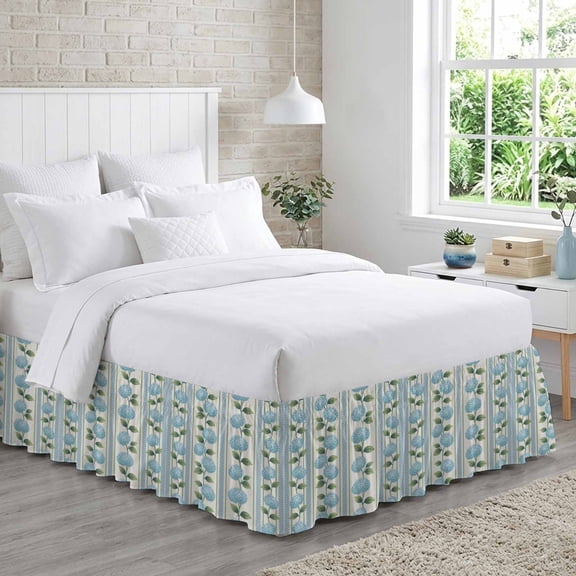 Teal Blue Hydrangea Flower Bed Skirt Queen Size 18 Inch Drop, Stripes Farmhouse Floral Adjustable Elastic Dust Ruffles Bedskirt for Queen Bed Wrap Around Pleated Mattress Frame Cover